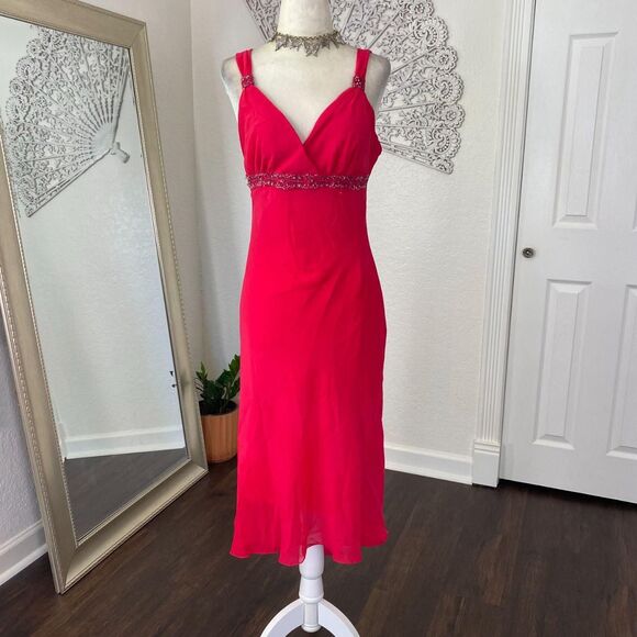 Vintage Early 2000's Bright Fuchsia Pink Beaded Asymmetric Flowy Midi Dress S - Picture 2 of 7